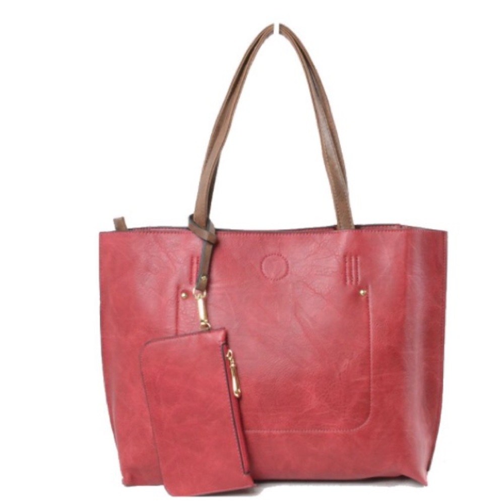 Red / Brown Tote Bag With Matching Wristlet